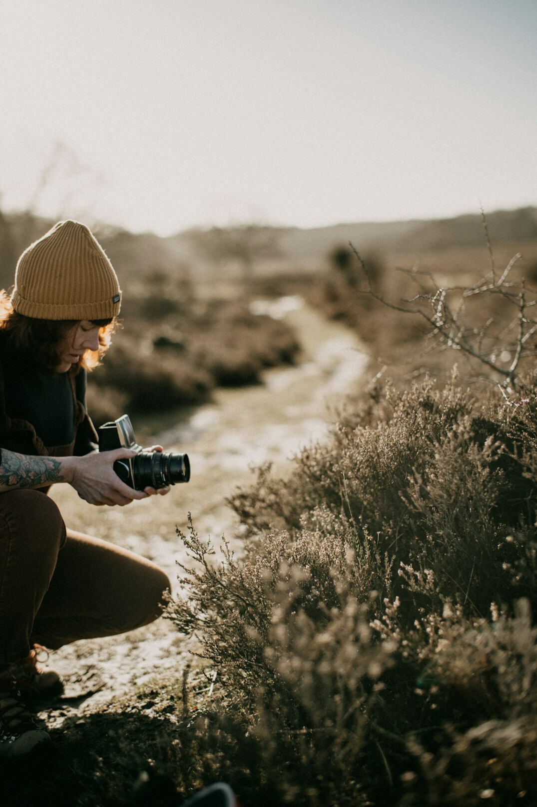 Photographer reviewing photos on a camera in the field